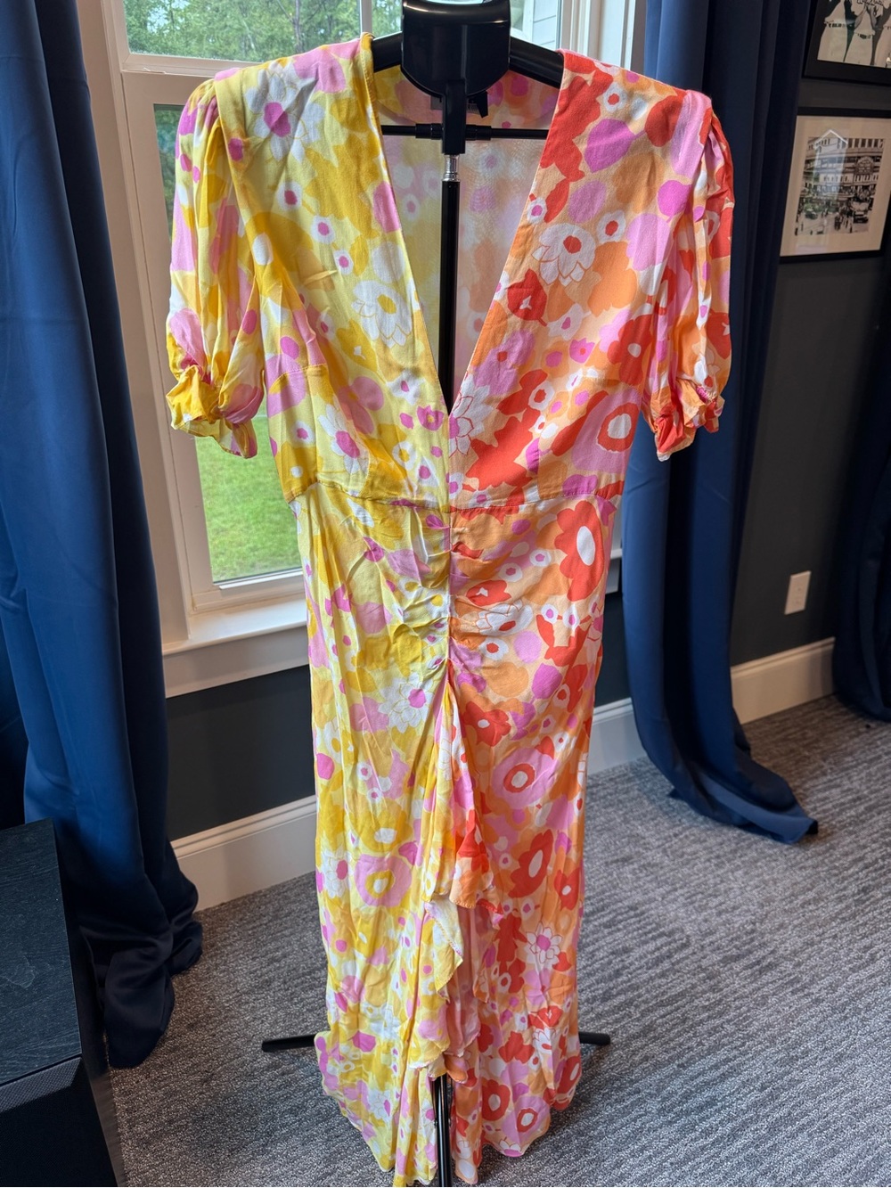RIXO Ariel Colorblock Floral Maxi Dress Size US 8 Ruched Front V-Neck